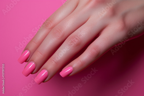 Close up of woman s hand with pink nail polish color