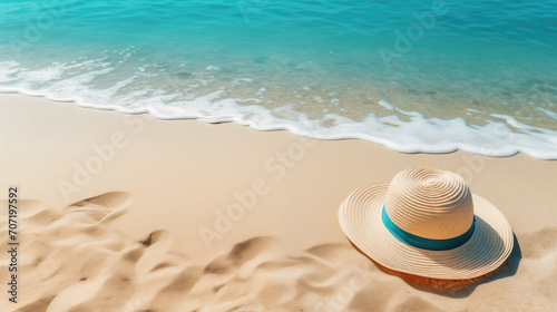 Straw hat on the beach. Beach holiday concept, generative ai