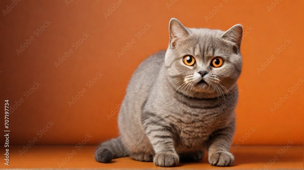 funny british shorthair cat portrait looking shocked or surprised on orange background with copy space

