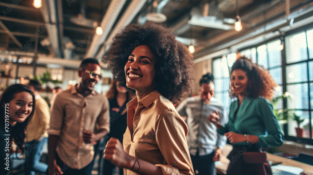 Obraz premium Diverse group of young adults smiling and posing against office background
