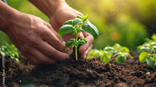 a close-up of a farmer planting a seedling in the garden