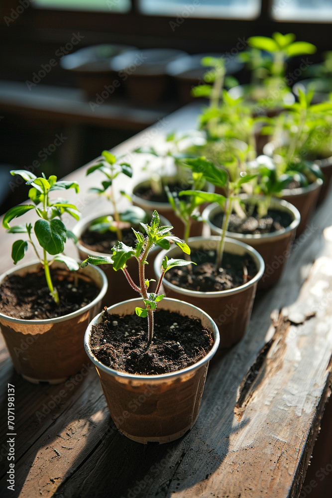 close-up of seedlings in pots on the table close-up of seedlings in pots on the table