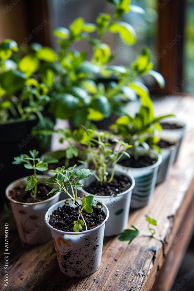 close-up of seedlings in pots on the table close-up of seedlings in pots on the table