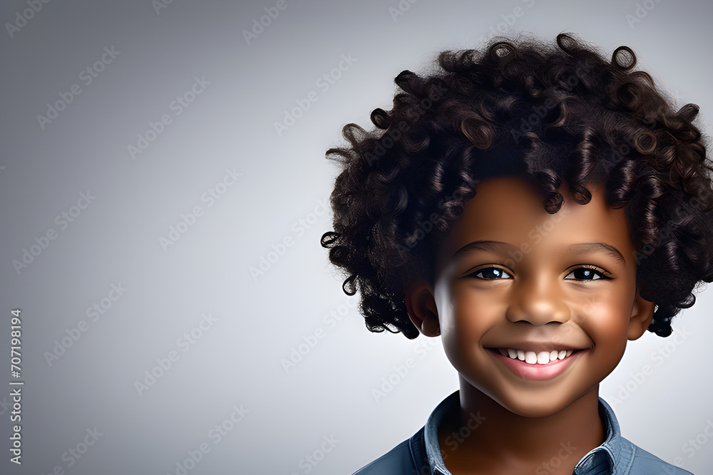 Foto profissional de criança menino de cabelos cacheados sorrindo generative AI - obrazy, fototapety, plakaty 