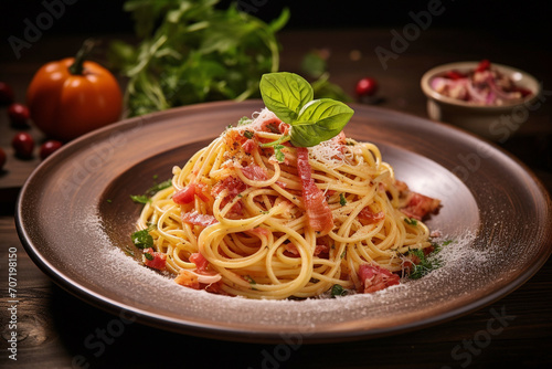 Spaghetti with amatriciana sauce in dish on wooden table