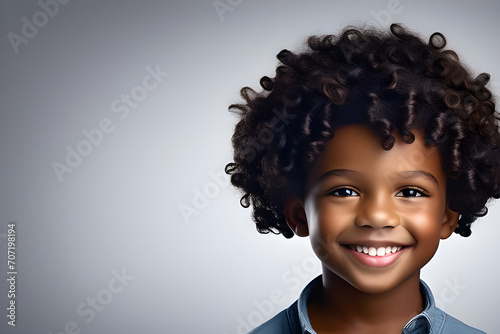 Foto profissional de criança menino de cabelos cacheados sorrindo generative AI photo