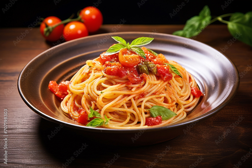 Spaghetti with amatriciana sauce in dish on wooden table