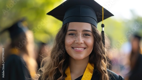 Cheerful young lady in black and yellow graduation gown with cap