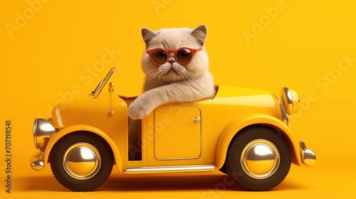 Cute cat with sunglasses in toy car on yellow background, generative ai
