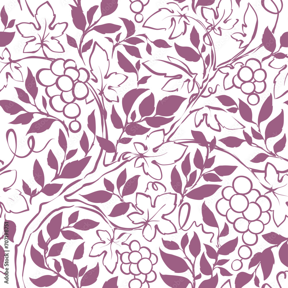 Summer pattern with grape vine and rosehip branches. Botanical background, vector illustration, seamless print, line sketch, freehand drawing.