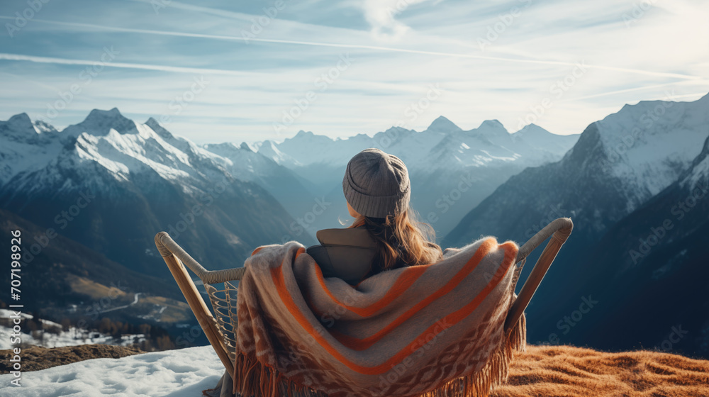 Woman traveler's drinking warm tea in the rustic outdoor cafe and enjoys the scenery in the mountains, snow on hills, generative ai - obrazy, fototapety, plakaty 
