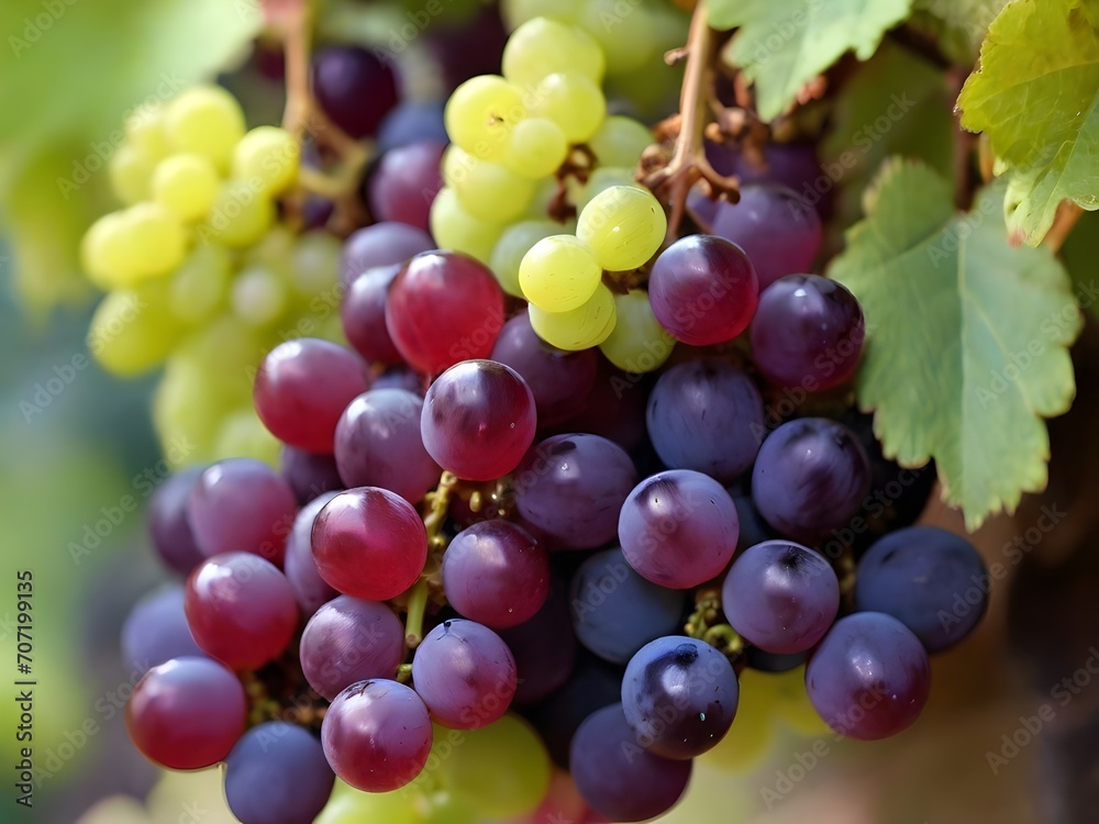 bunch of grapes, grape vine, beautiful bunches of purple grapes and green grapes. Vineyards at sunset in the autumn harvest. Ripe grapes in autumn.