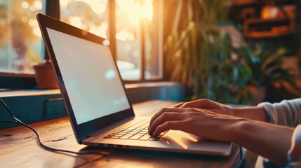 Papier peint photo  Person's hands typing on a laptop with a blank screen, set on a wooden table  © Studio Nova