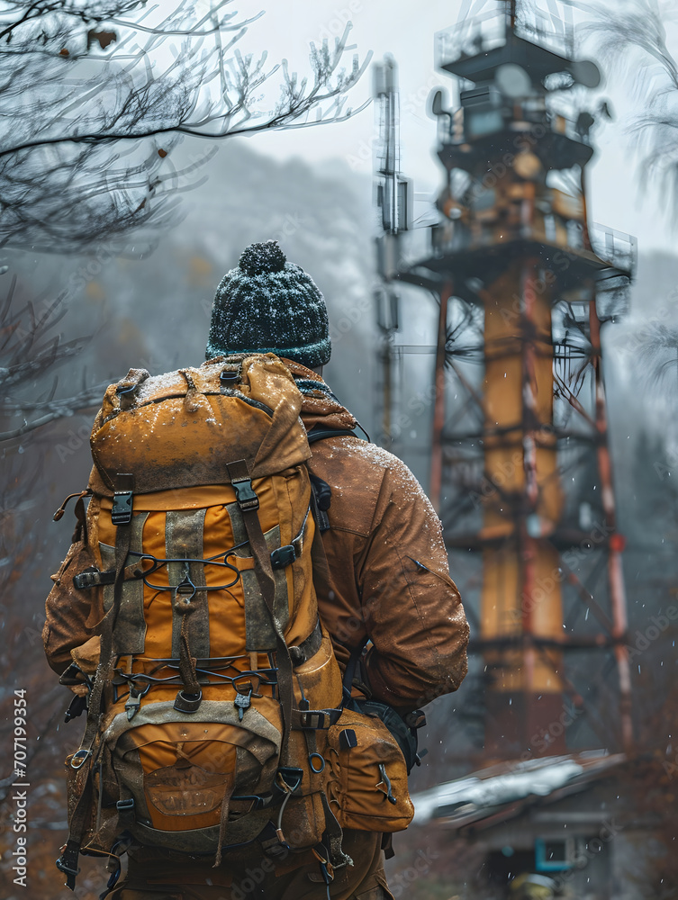 Back view of a hiker with a yellow backpack looking at a communication tower on a foggy day.