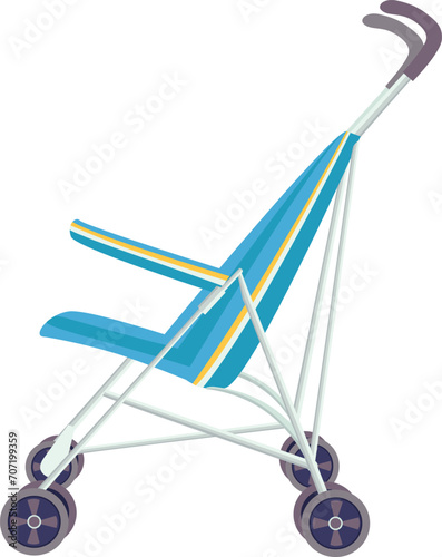 Blue and yellow empty baby stroller isolated on white. Modern pram design, baby transport. Parenthood essentials vector illustration.