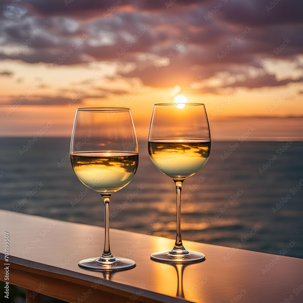 Two glasses of wine with scenic sunset over ocean