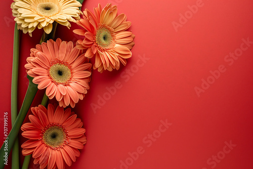 Bright spring and summer background in red with red and pink gerberas. Frame of flowers with place for text, copyspace, web banner and postcard