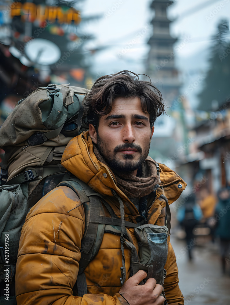 Portrait of a bearded young male traveler with a backpack in front of an industrial backdrop. Portrait of a bearded young male traveler with a backpack in front of an industrial backdrop.
