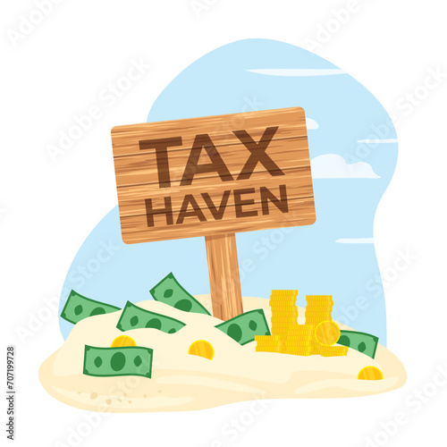 tax haven; fiscal paradise concept, wooden sign post on sandy beach and stack of coins and banknotes- vector illustration photo