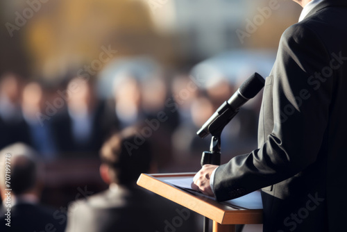 Blurred view of audience with focus on public speaker at podium.