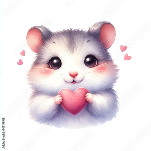 Cute hamster with red heart shape watercolor paint for valentine's day holiday
