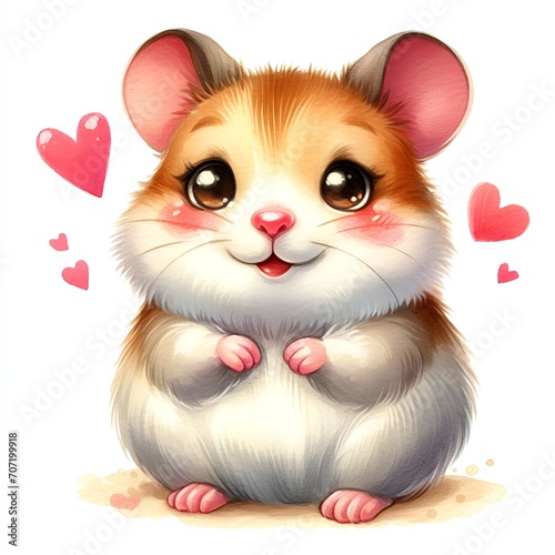 Cute hamster with red heart shape watercolor paint for valentine's day holiday