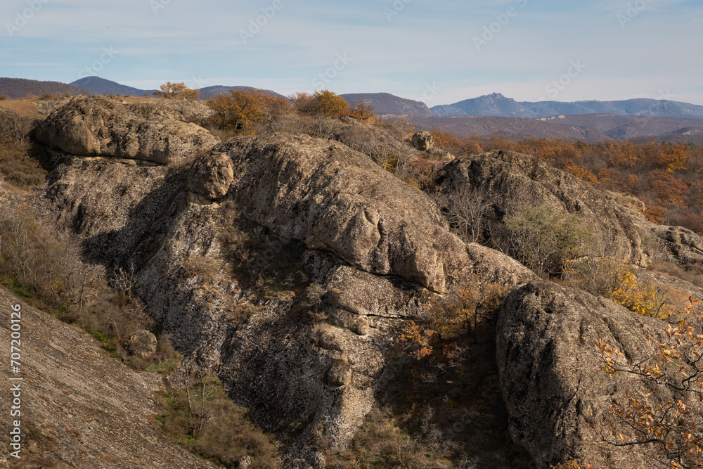Landscape of mountains in Birtvisi, Georgia. Amazing view of the Caucasus land. Landscape of a mountainous area with rocks and cliffs on an autumn day. Autumn landscape of Birtvisi canyon, Kvemo Kartl