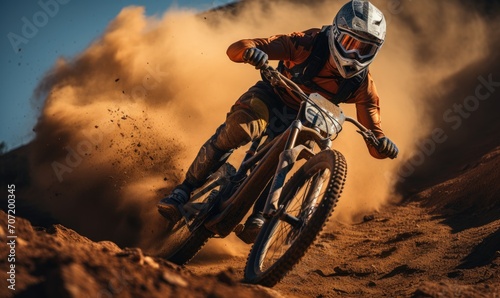 mountain biker on a dusty road, downhill, extreme sports