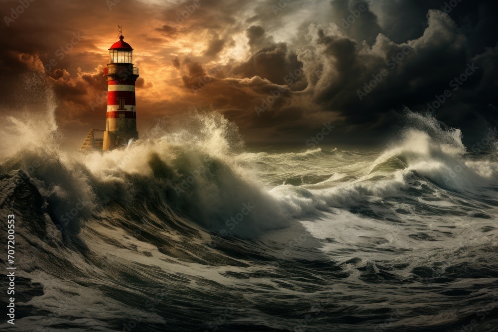 Foreboding Sea storm lighthouse. Ocean wave. Generate Ai