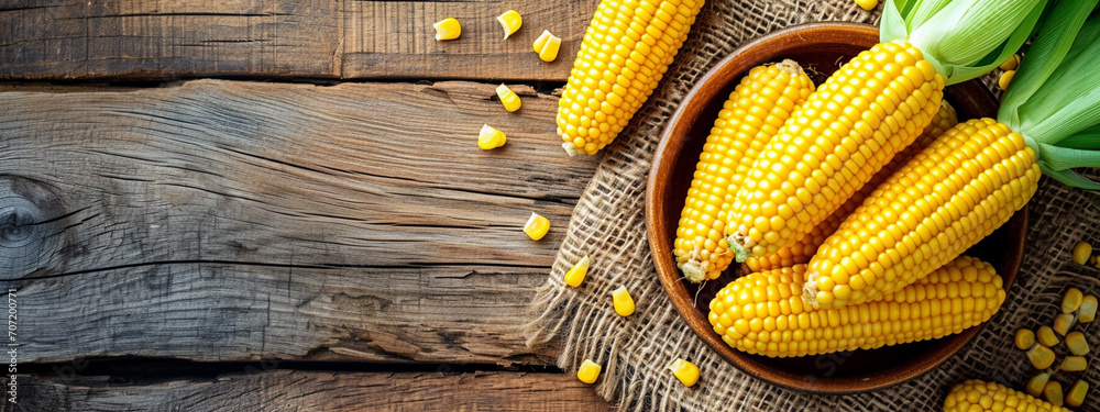 tasty corn in a plate on a wooden background - obrazy, fototapety, plakaty 