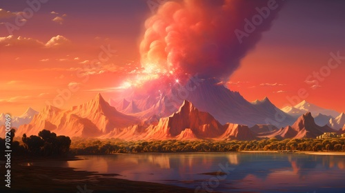 Dramatic landscape with a fiery volcanic eruption at sunset  showcasing nature s powerful forces