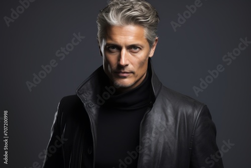 Portrait of a handsome man in a black leather jacket. Men's beauty, fashion.