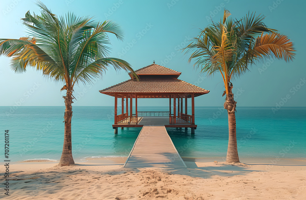 Tropical beach gazebo with palm trees on a clear day