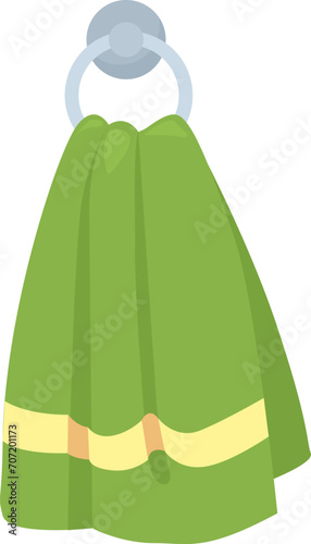 Green hand towel hanging on a round silver hook. Hygiene concept, clean bathroom accessories vector illustration.