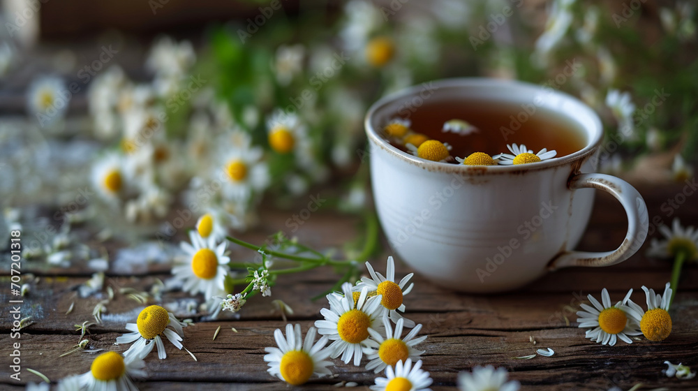 white cup of tea with chamomile on a wooden table white cup of tea with chamomile on a wooden table