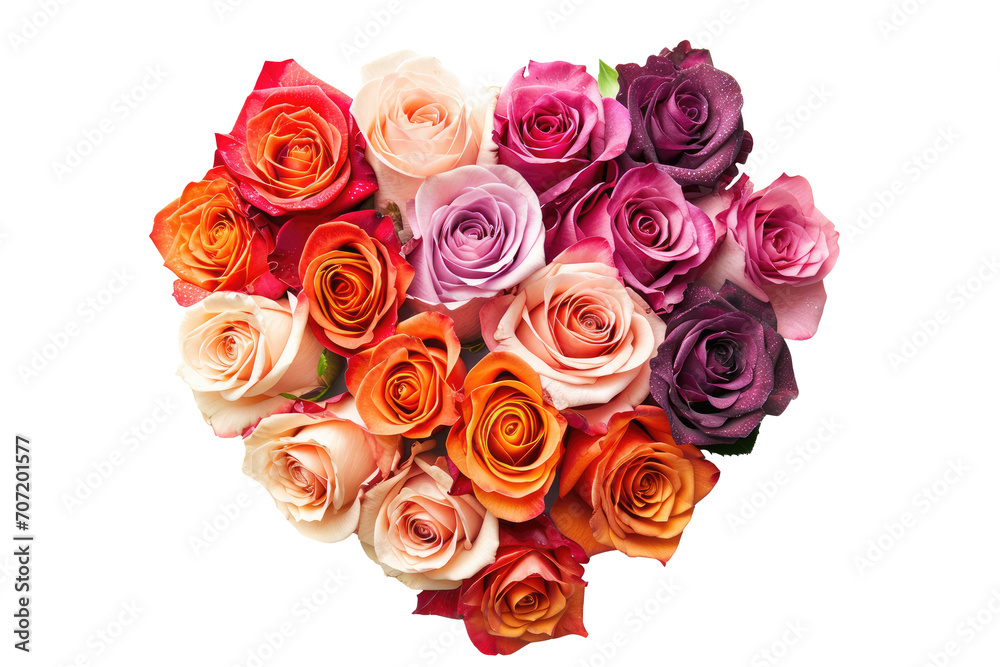A composition of bright colorful roses in the shape of a heart, cut out - stock png. A composition of bright colorful roses in the shape of a heart, cut out - stock png.