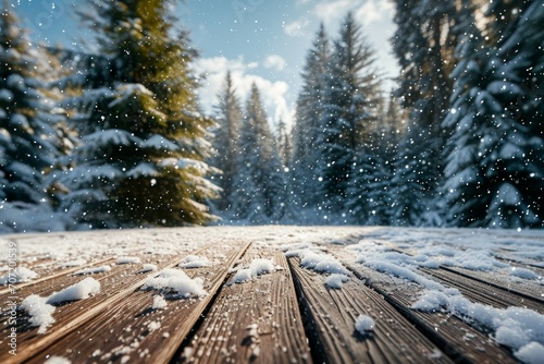 dirty old wooden table place of snow and trees of snow place © Werckmeister