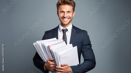 Professional young man smiling confidently and holding a stack of files,