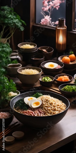 table setting for a dinner ramen noodles, miso soup, digital artwork, generative, japanese