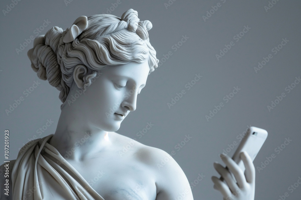 Ancient Greek goddess sculpture holding a smartphone. Female marble statue scrolling social media. Doomscrolling, mental health, digital wellness, time loss concept. Bad habits, reading news. - obrazy, fototapety, plakaty 
