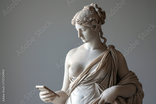 Ancient Greek goddess sculpture holding a smartphone. Female marble statue scrolling social media. Doomscrolling, mental health, digital wellness, time loss concept. Bad habits, reading news.