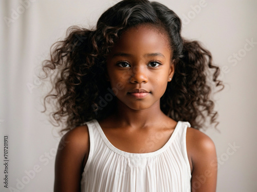 Cheerful 5-Year-Old Black Girl Model with Blond Hair  Sporting a White Dress  Positively Radiating Joy on a Flawless White Background