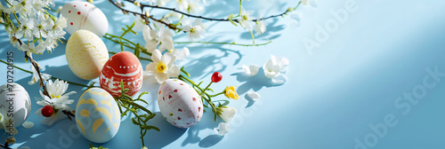 Easter eggs, with branches and flowers on a wooden table photo