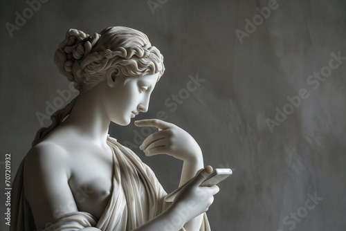 Ancient Greek goddess sculpture holding a smartphone. Female marble statue scrolling social media. Doomscrolling, mental health, digital wellness, time loss concept. Bad habits, reading news.