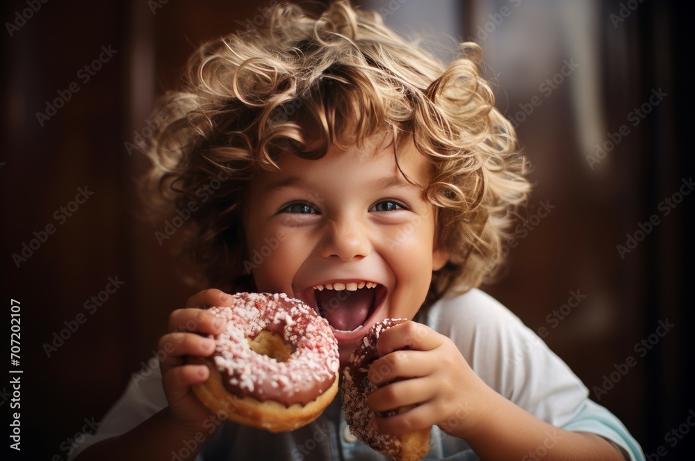 Cheerful Happy boy eat donut. Cute child. Fictional person. Generate Ai