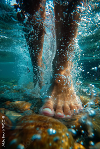 Gros plan de pieds féminins barbotant dans l'eau de mer, séjour à l'océan et tourisme 