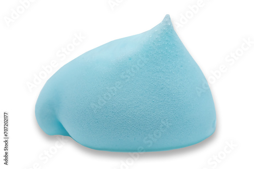 Blue shaving foam on a white background. Soap foam with drop-shaped bubbles. Skin care