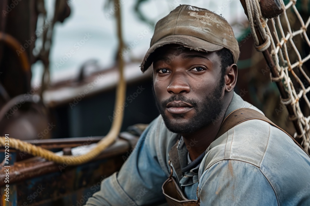 African american man working on a fishing boat. 