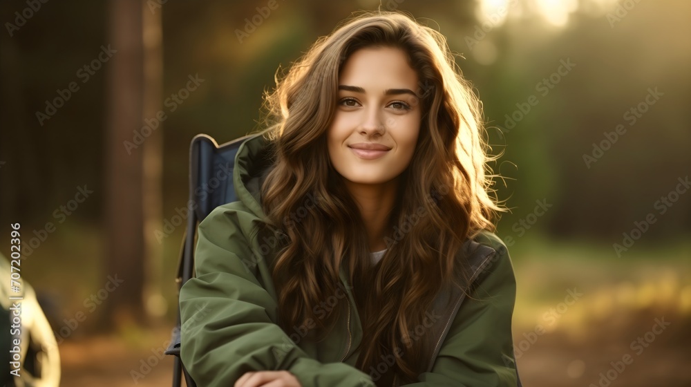 Beautiful young woman with brunette hair camping in the forest wilderness, sitting in a camping chair, smiling and looking at the camera. Enjoying morning sunshine in the woods, happy female camper Beautiful young woman with brunette hair camping in the forest wilderness, sitting in a camping chair, smiling and looking at the camera. Enjoying morning sunshine in the woods, happy female camper