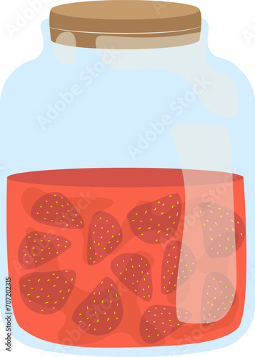 Strawberries in a glass jar with red jam or compote. Preserved fruits, homemade preserves illustration. Food storage, jam making vector illustration.